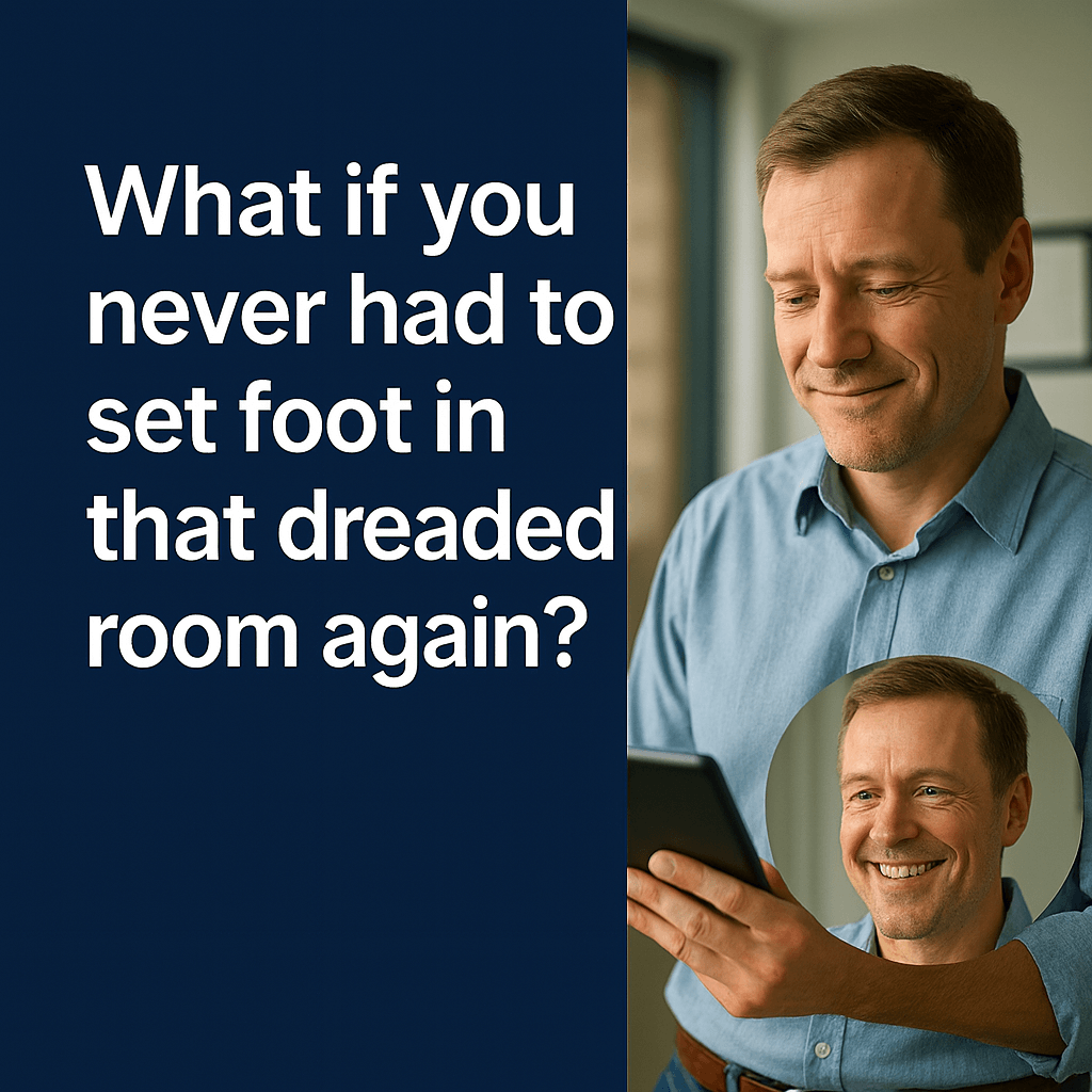 Bill two-frame image: confident smile and using a tablet in a bright office